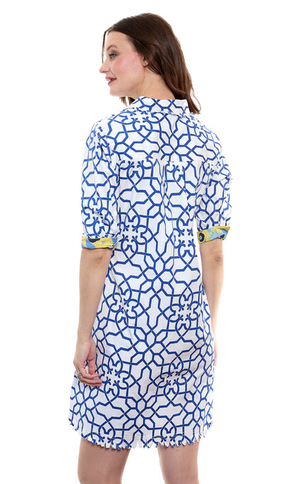 Dizzy-Lizzie Chatham Navy White Geo Print dress with short sleeves and fitted waist, stylish summer dress with geometric pattern.