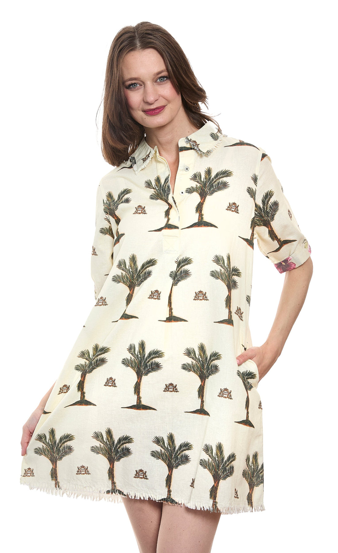 Dizzy-Lizzie Chatham Palms Print Dress featuring vibrant palm leaf pattern, sleeveless design, and lightweight fabric.