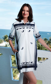 Dizzy-Lizzie Chatham Whales print dress featuring a colorful whale pattern on lightweight fabric.