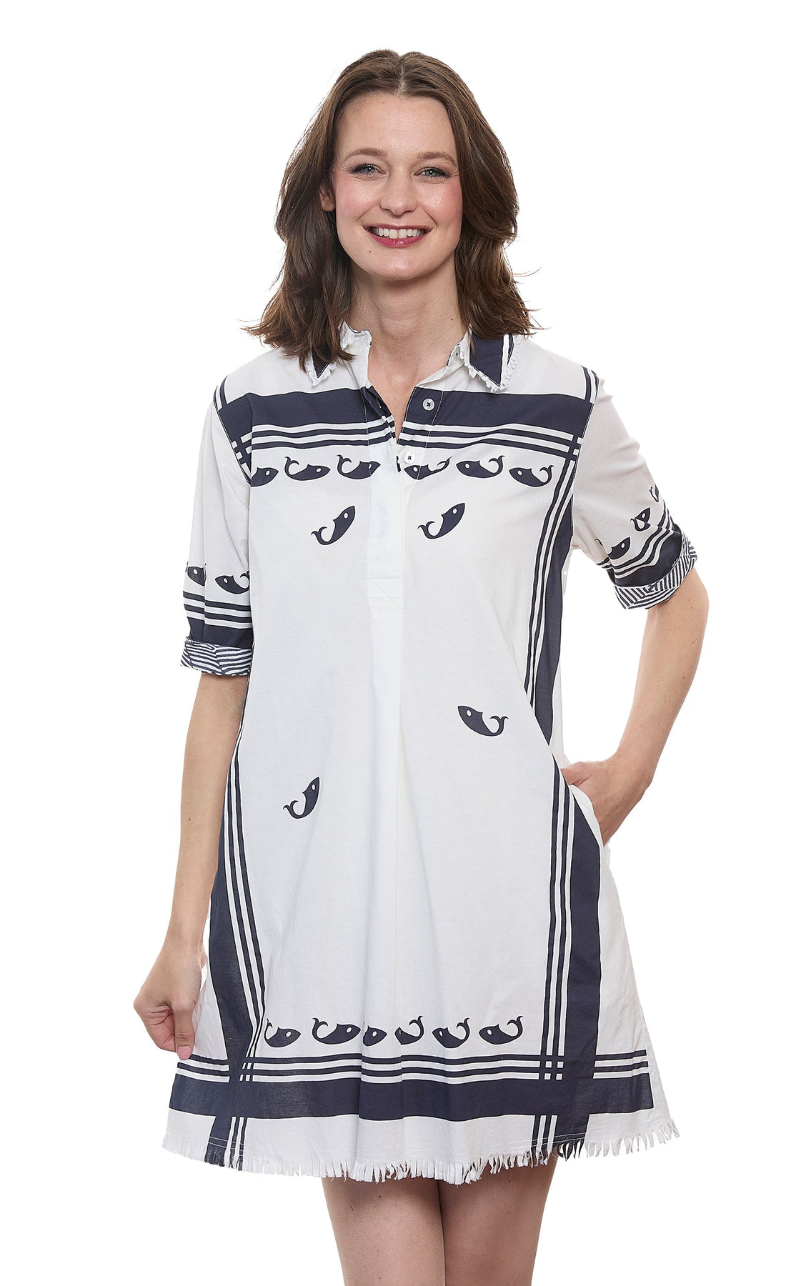 Dizzy-Lizzie Chatham Whales print dress featuring a colorful whale pattern on lightweight fabric.