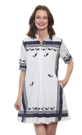 Dizzy-Lizzie Chatham Whales print dress featuring a colorful whale design on lightweight fabric.