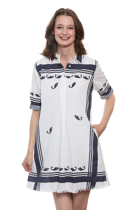 Dizzy-Lizzie Chatham Whales print dress featuring a colorful whale pattern on lightweight fabric.