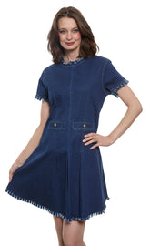 Dizzy-Lizzie Coco denim dress featuring fringe details and gold buttons, styled as a casual sleeveless dress.