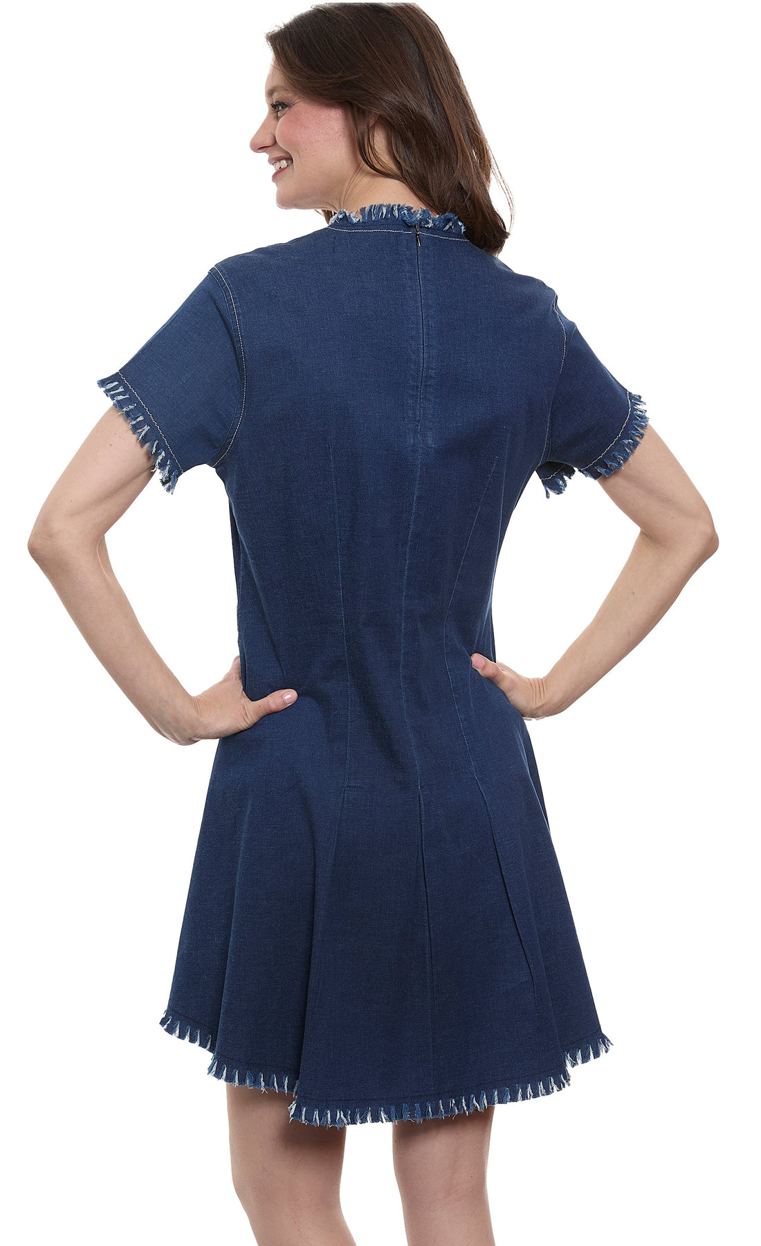 Dizzy-Lizzie Coco Denim Dress with fringe details and gold buttons, stylish casual dress for women.