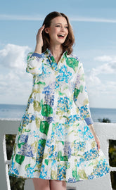 Delray Dress by Dizzy-Lizzie in linen cotton with a hydrangeas print, featuring a lightweight, floral summer dress.
