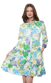 Delray Dress by Dizzy-Lizzie in linen cotton with hydrangeas print, lightweight and stylish summer dress.