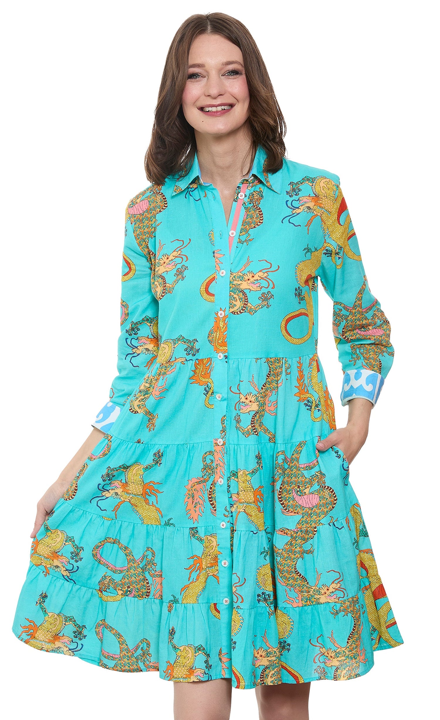 Dizzy-Lizzie Delray Dress in turquoise linen and cotton with dragon print, flowy boho-style dress for casual wear.