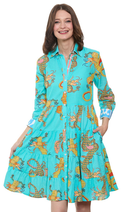 Dizzy-Lizzie Delray Dress in turquoise linen and cotton with dragon print, flowy boho-style dress for casual wear.