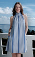Dizzy-Lizzie Gulf Coast Halter Dress in blue and white yarndyed stripe, sleeveless summer dress with halter neckline and relaxed fit.