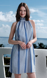 Dizzy-Lizzie Gulf Coast halter dress in blue and white yarndyed stripe, sleeveless summer dress with halter neckline.