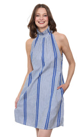 Dizzy-Lizzie Gulf Coast halter dress in blue and white yarndyed stripe, sleeveless summer dress with halter neckline