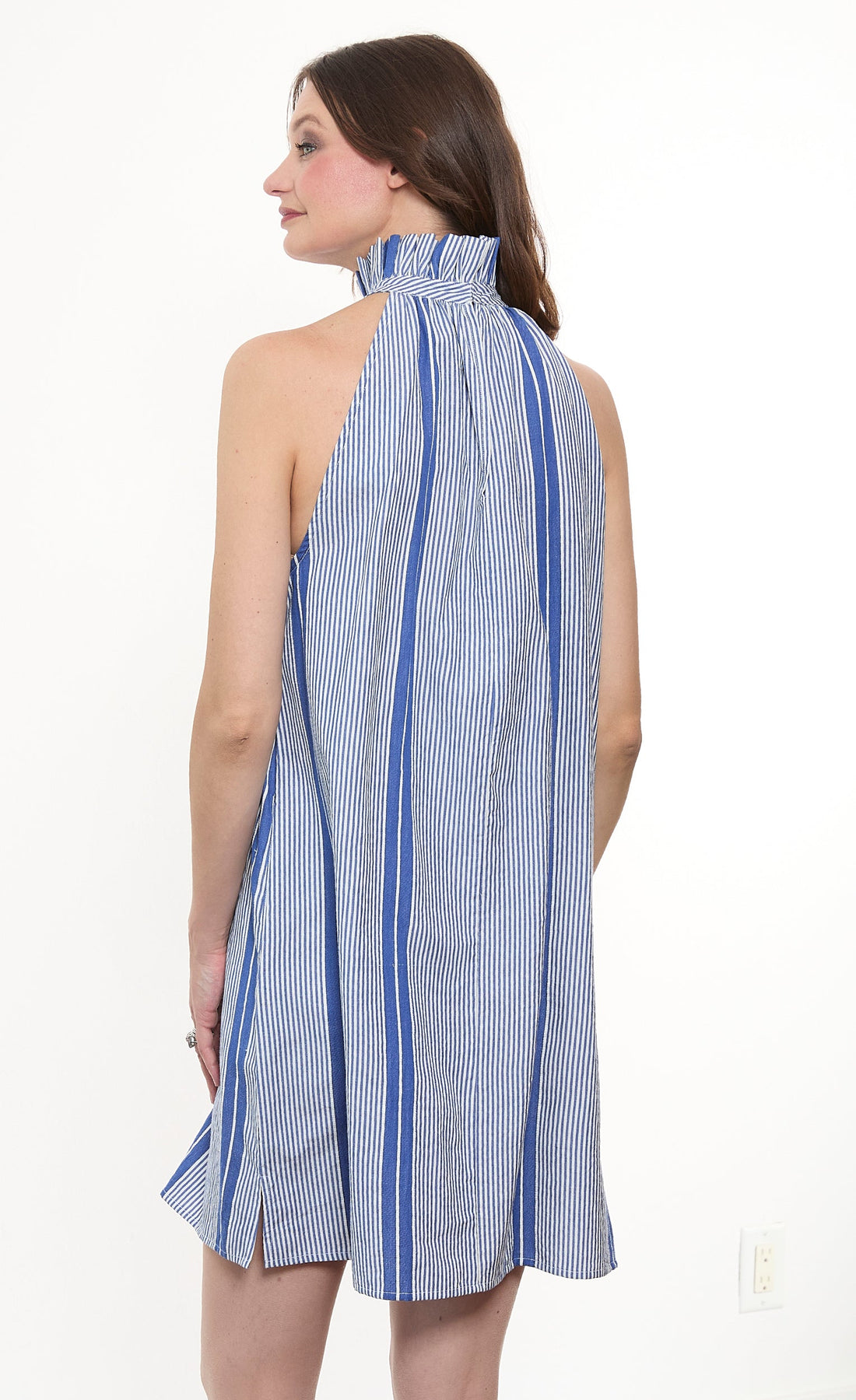 Blue and white Yarndyed stripe Gulf Coast Halter Dress by Dizzy-Lizzie, featuring a stylish halter neckline and lightweight fabric.