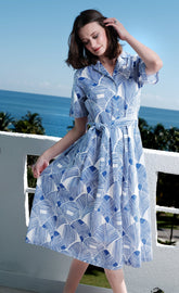 Navy and white geometric tiered dress by Dizzy-Lizzie, featuring a stylish design and lightweight fabric.