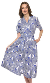 Navy and white geo-patterned Hudson tiered dress by Dizzy-Lizzie, featuring layered fabric and a stylish, feminine fit.