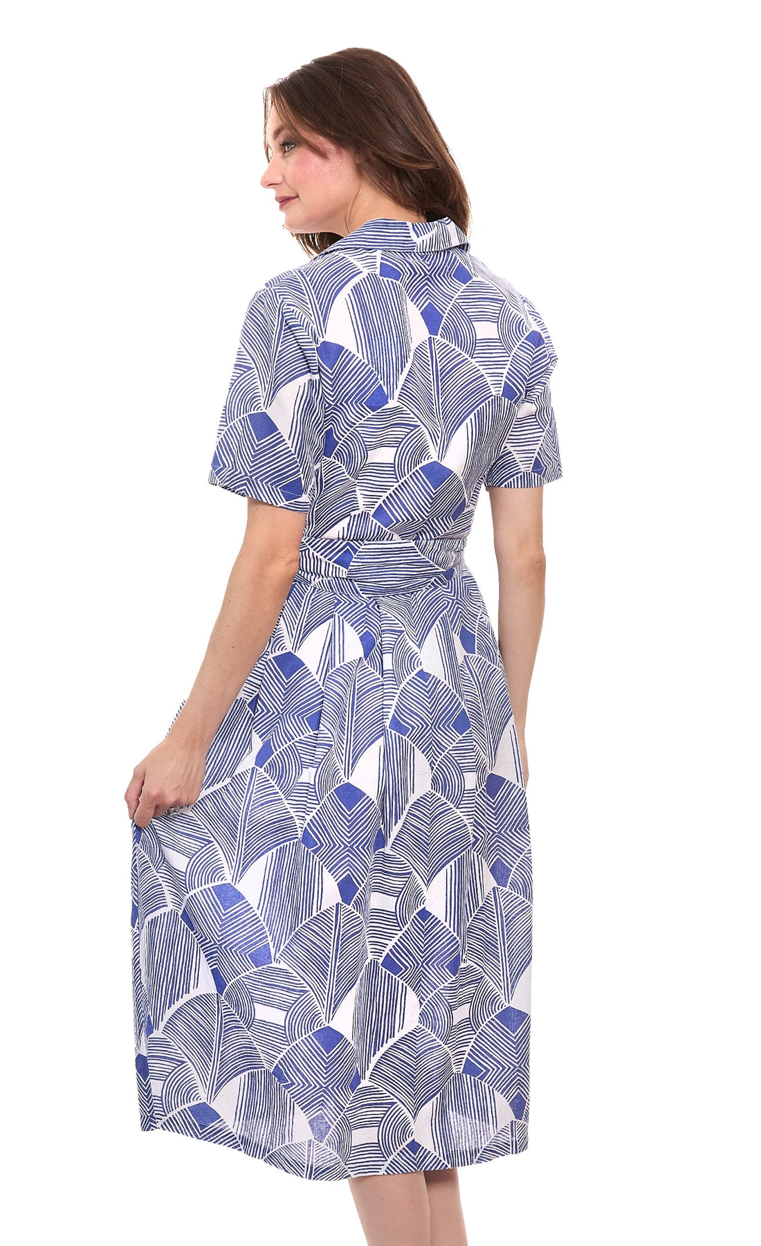 Navy and white geometric tiered dress by Dizzy-Lizzie, featuring a flowy, layered design perfect for casual or semi-formal wear.
