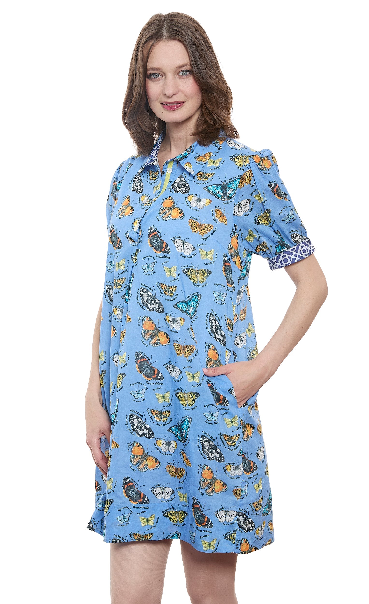 Dizzy-Lizzie Left Bank Puff Sleeve Dress with butterfly print on lightweight cotton voile fabric.