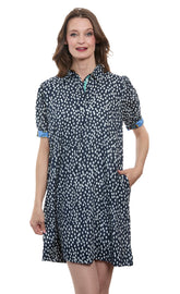 Navy and white polka dot puff sleeve dress by Dizzy-Lizzie, featuring a stylish and feminine design with a flattering silhouette.