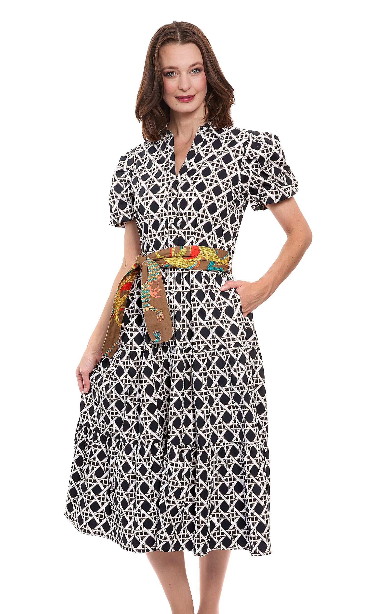 Black and white wicker print cotton stretch poplin Litchfield dress by Dizzy-Lizzie, featuring a stylish, fitted design and elegant details.