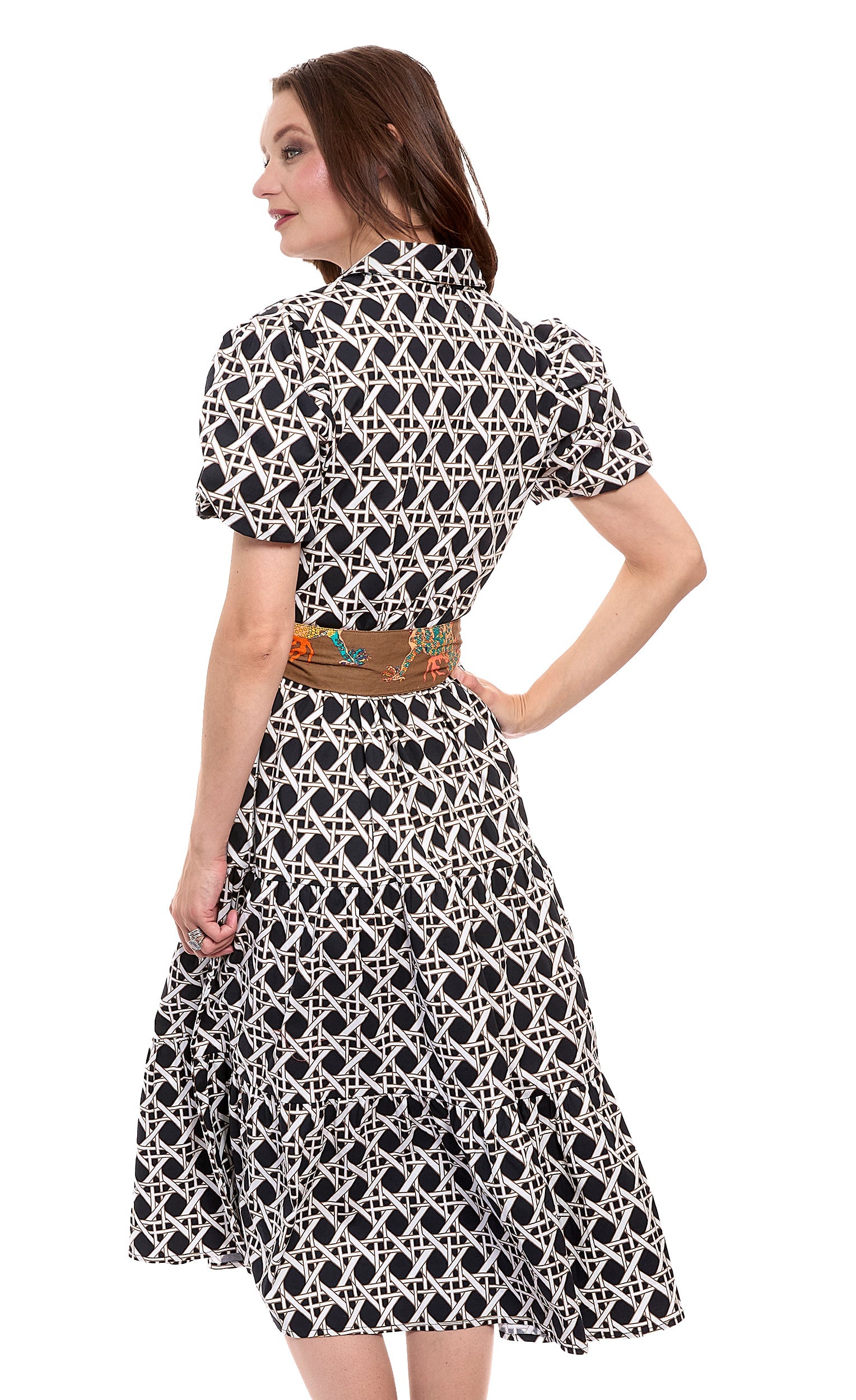 Black and white wicker print cotton stretch poplin dress by Dizzy-Lizzie, featuring a stylish and comfortable design.