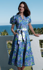 Dizzy-Lizzie Litchfield Dress in navy with hydrangea print, sleeveless summer dress, lightweight fabric, fitted waist, and flowy skirt.