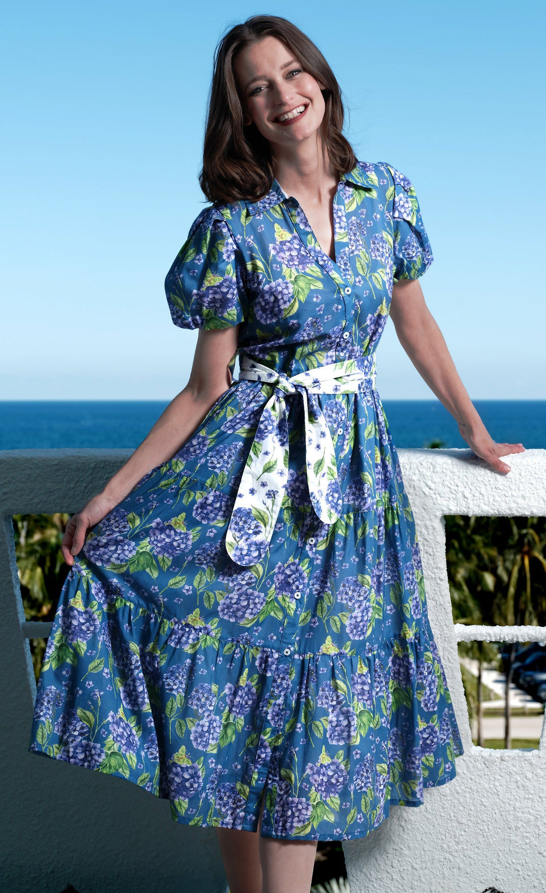 Navy Litchfield Dress by Dizzy-Lizzie featuring a hydrangea floral print and a stylish, flowing design.