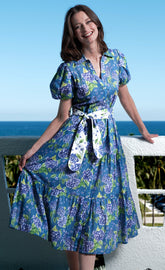 Navy ground hydrangea print Litchfield dress by Dizzy-Lizzie, lightweight floral dress with a flowy silhouette.