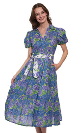 Navy Litchfield Dress by Dizzy-Lizzie featuring hydrangea print, lightweight fabric, and a relaxed fit, perfect for casual wear.