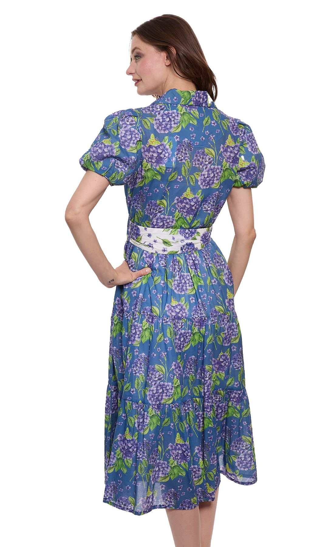 Navy ground hydrangea print Litchfield dress by Dizzy-Lizzie, featuring a stylish floral pattern and lightweight fabric.