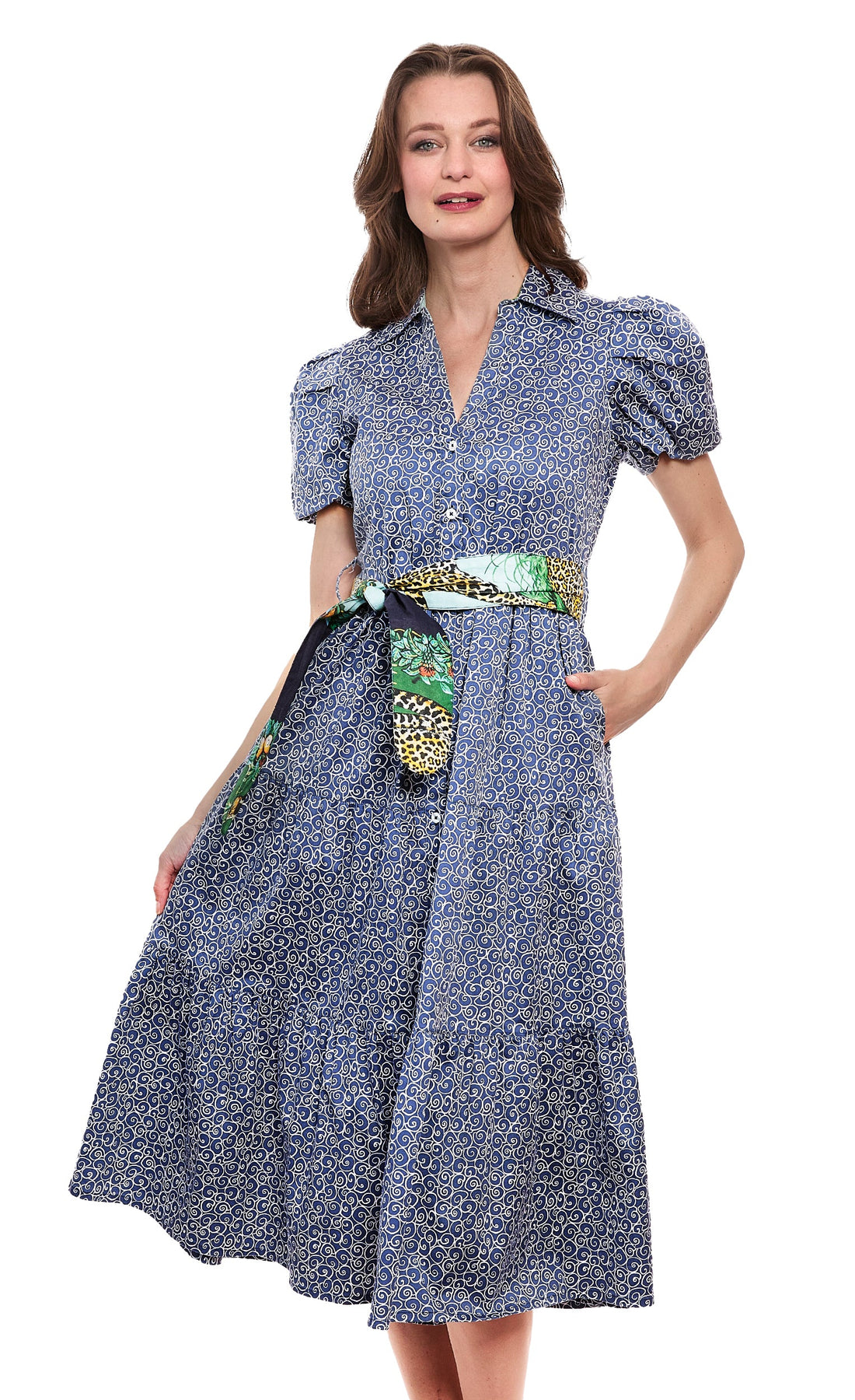 Dizzy-Lizzie Litchfield navy and white swirl print dress featuring a stylish, flowy design and sleeveless silhouette.