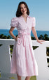 Pink and white swirl print dress by Dizzy-Lizzie, featuring a stylish and flowy design perfect for casual or summer wear.