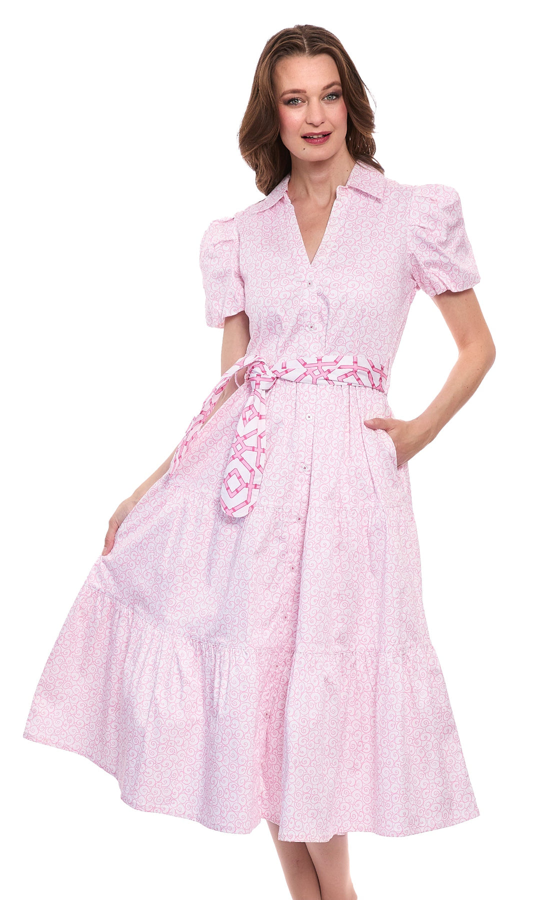 Pink and white swirl print dress by Dizzy-Lizzie, featuring a stylish design and flowing fabric from the Litchfield collection.