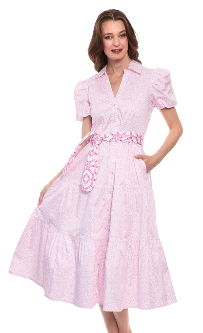 Pink and white swirl print dress by Dizzy-Lizzie, featuring a stylish design and flowing fabric from the Litchfield collection.
