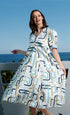 Dizzy-Lizzie Montauk Dress with an abstract print, flowing fabric, and stylish design perfect for casual or summer wear.