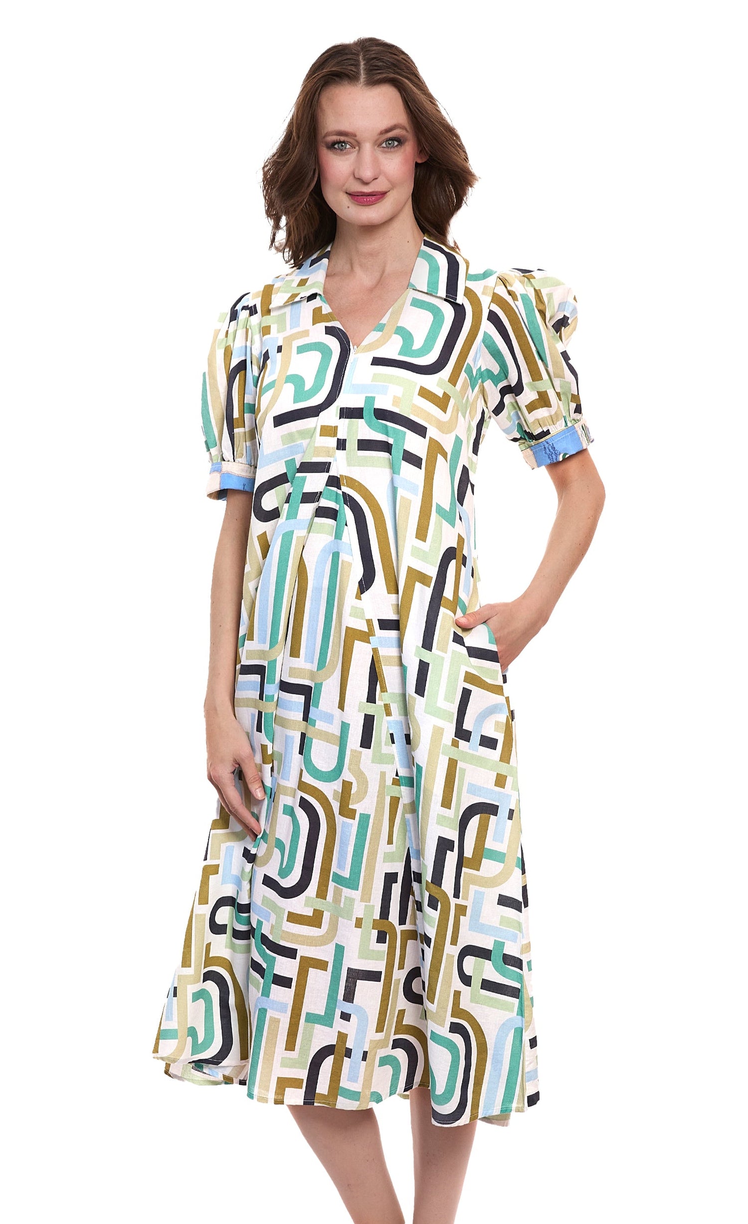 Dizzy-Lizzie Montauk Dress with abstract print, lightweight fabric, sleeveless design, and flowing silhouette perfect for summer wear.