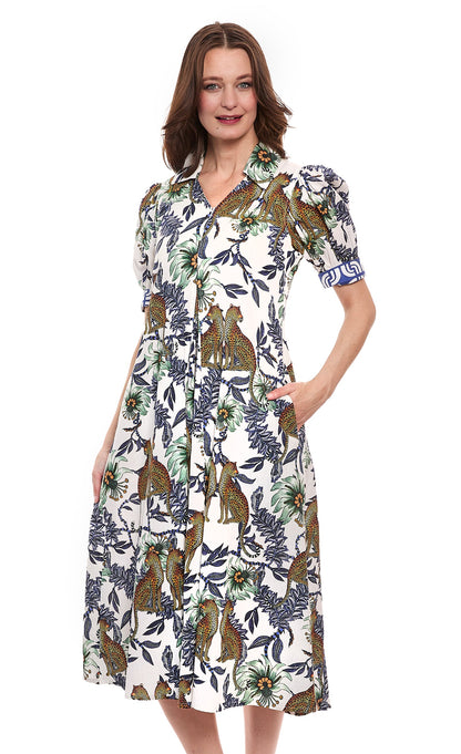 Dizzy-Lizzie Montauk dress featuring a cheetah and floral linen cotton fabric, showcasing a stylish, casual summer dress.