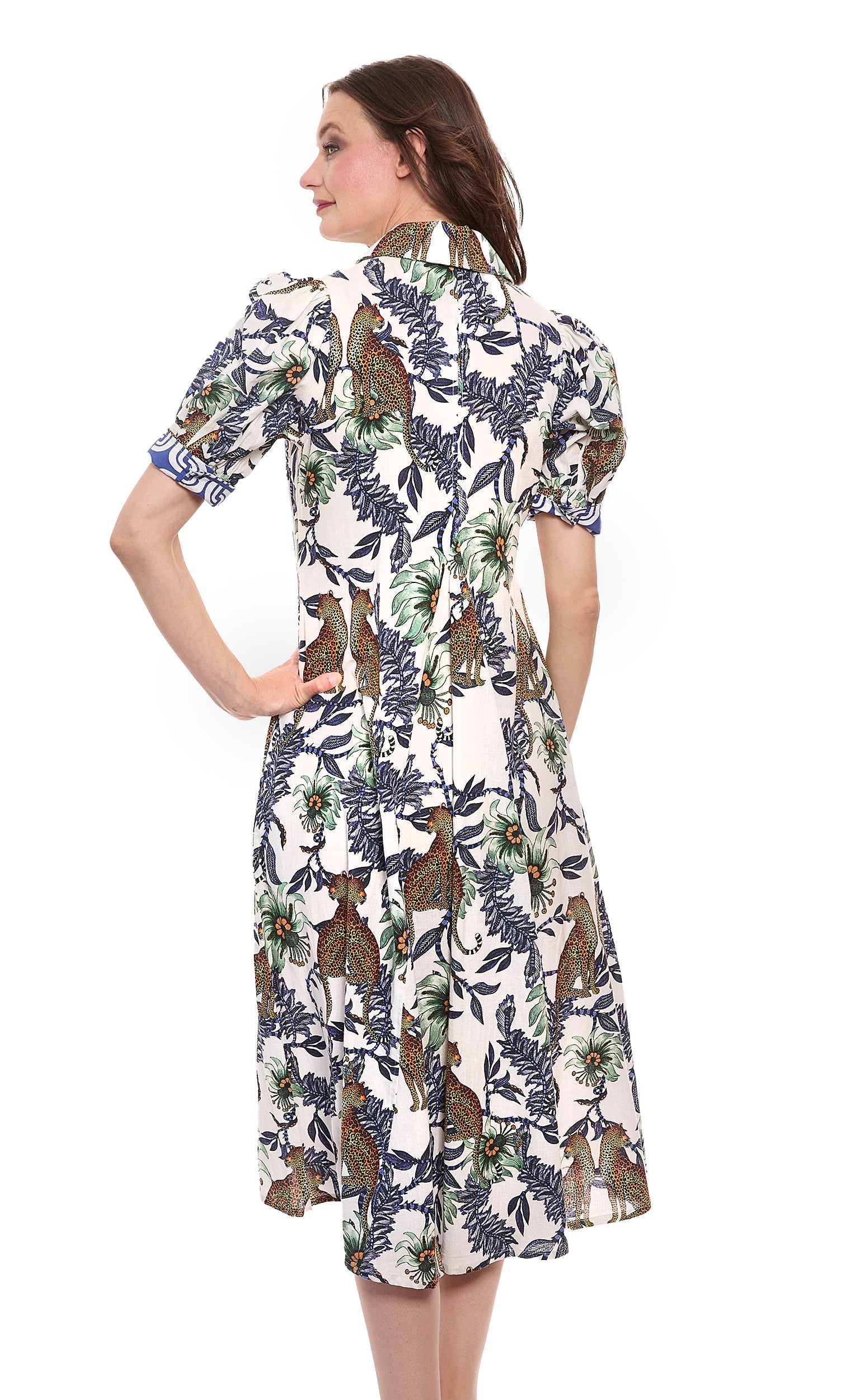 Dizzy-Lizzie Montauk dress with cheetah and floral linen cotton fabric, featuring a lightweight, casual summer dress design.