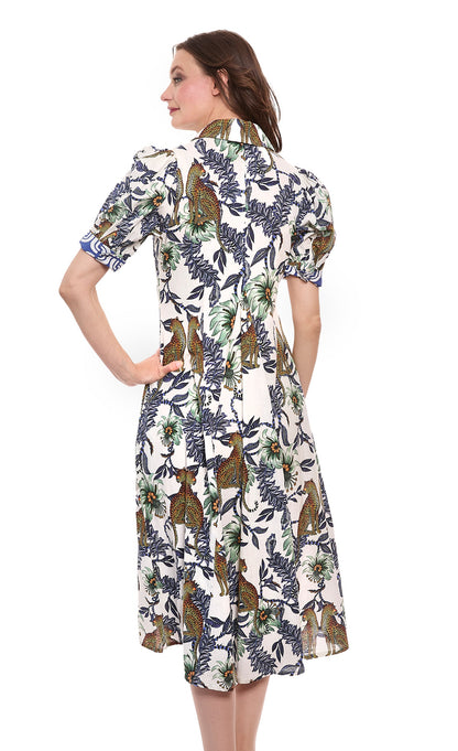 Dizzy-Lizzie Montauk dress with cheetah and floral linen cotton fabric, featuring a lightweight, casual summer dress design.
