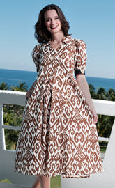 Dizzy-Lizzie Montauk Dress in chocolate Ikat print with cotton linen fabric, casual summer dress with relaxed fit.
