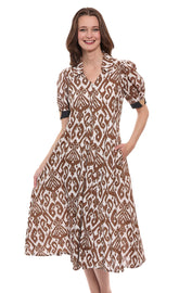 Dizzy-Lizzie Montauk Dress in chocolate ikat print with cotton linen fabric, showcasing a stylish, breezy dress design.