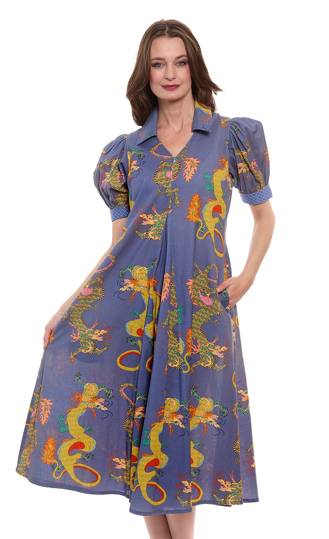 Dizzy-Lizzie Montauk Dress in linen and cotton with blue dragons print, sleeveless summer dress for women.