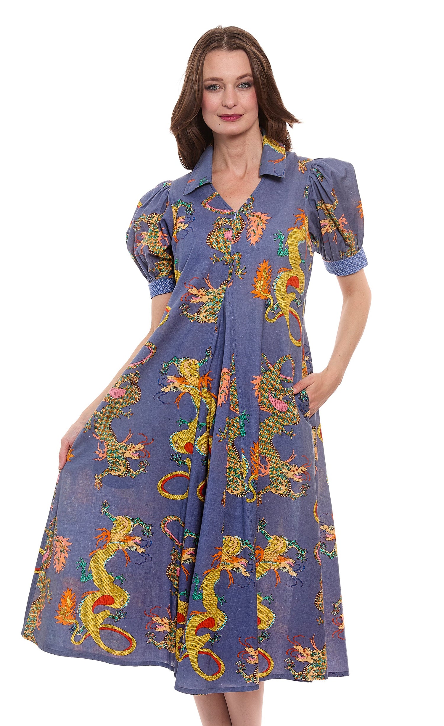 Dizzy-Lizzie Montauk Dress in linen and cotton with blue dragons print, featuring a flowing design and sleeveless style.