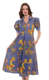 Dizzy-Lizzie Montauk Dress in linen and cotton with blue dragons print, sleeveless summer dress for women.