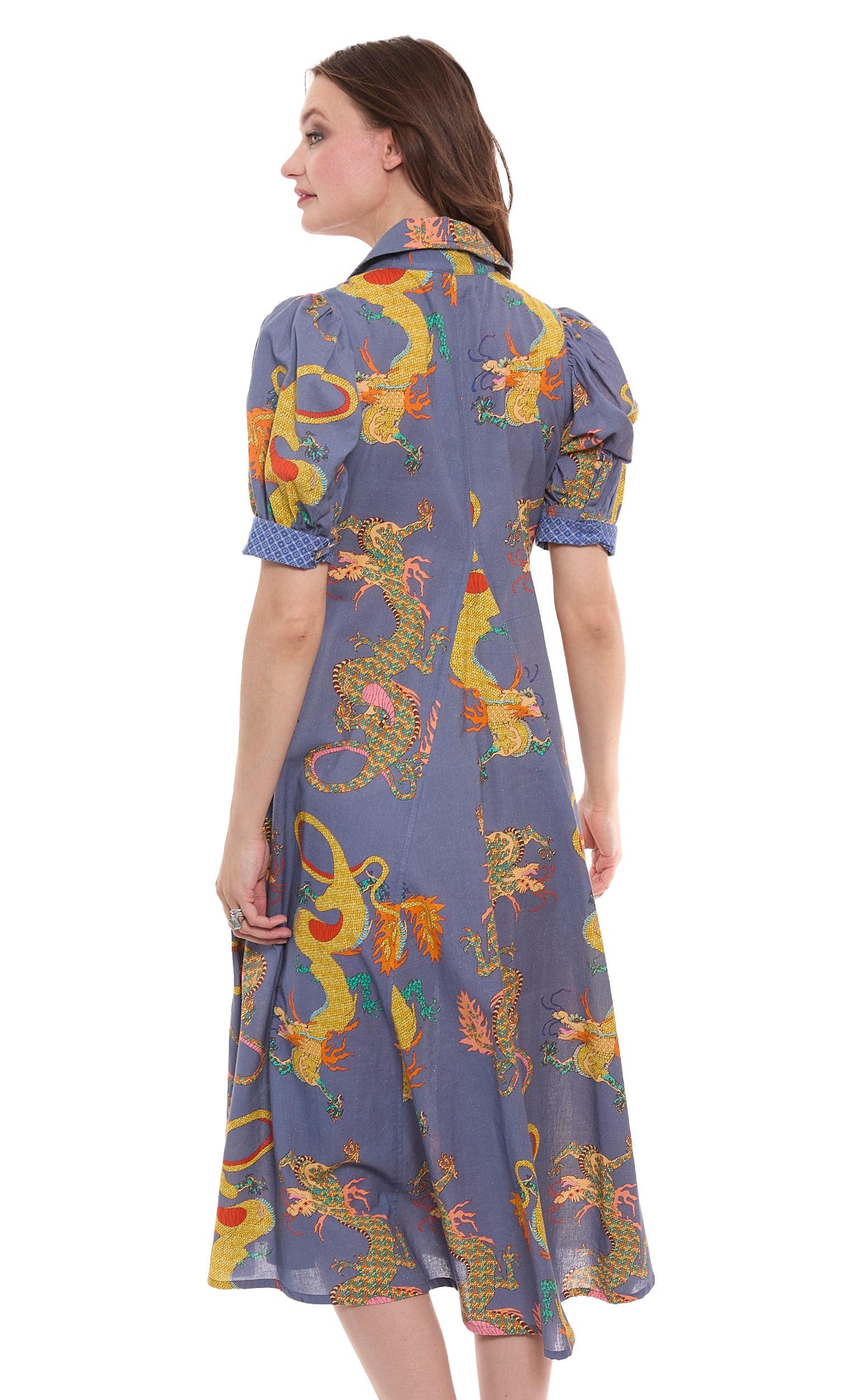 Blue linen and cotton Montauk Dress by Dizzy-Lizzie featuring a dragon print, casual and lightweight for summer wear.