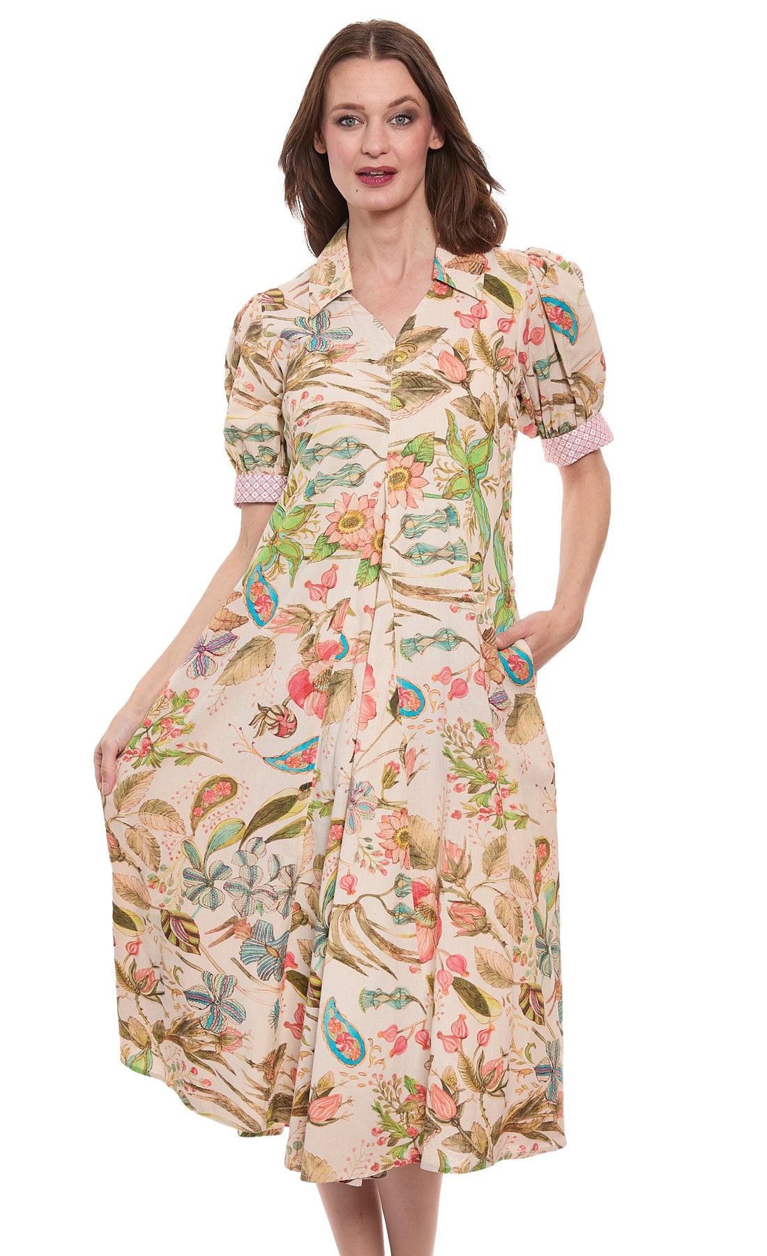 Dizzy-Lizzie Montauk Dress in linen and cotton with a floral print, featuring a flowy design and lightweight fabric.