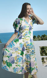Dizzy-Lizzie Montauk Dress in linen and cotton with a hydrangeas print, lightweight and floral for casual summer wear.
