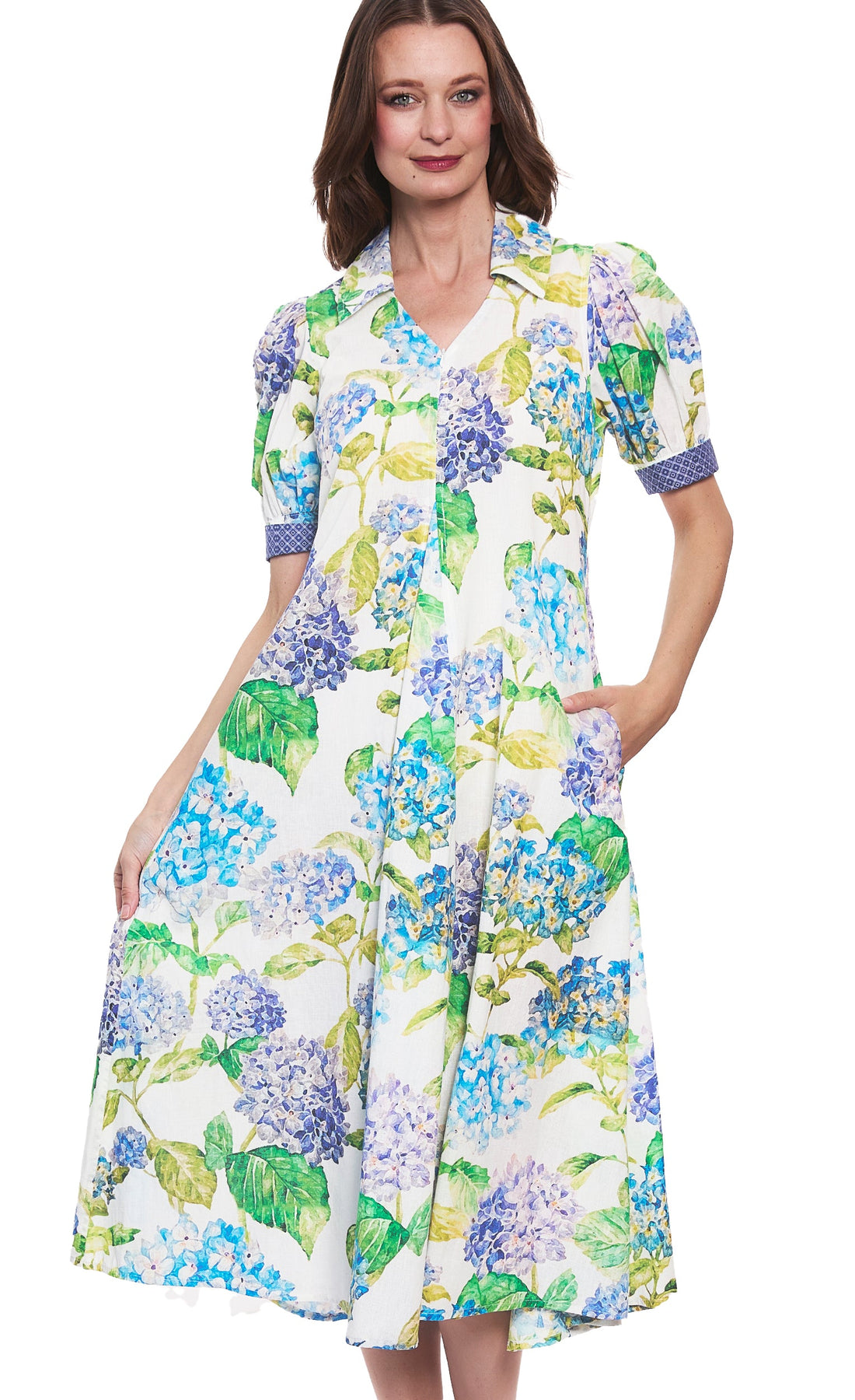 Dizzy-Lizzie Montauk Dress in linen and cotton with a hydrangeas floral print, lightweight summer dress for women.