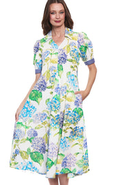 Dizzy-Lizzie Montauk Dress in linen and cotton with a hydrangeas floral print, lightweight summer dress for women.