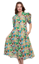 Dizzy-Lizzie Montauk Linen Cotton Dress with neutral butterfly print, lightweight and casual summer dress for women.