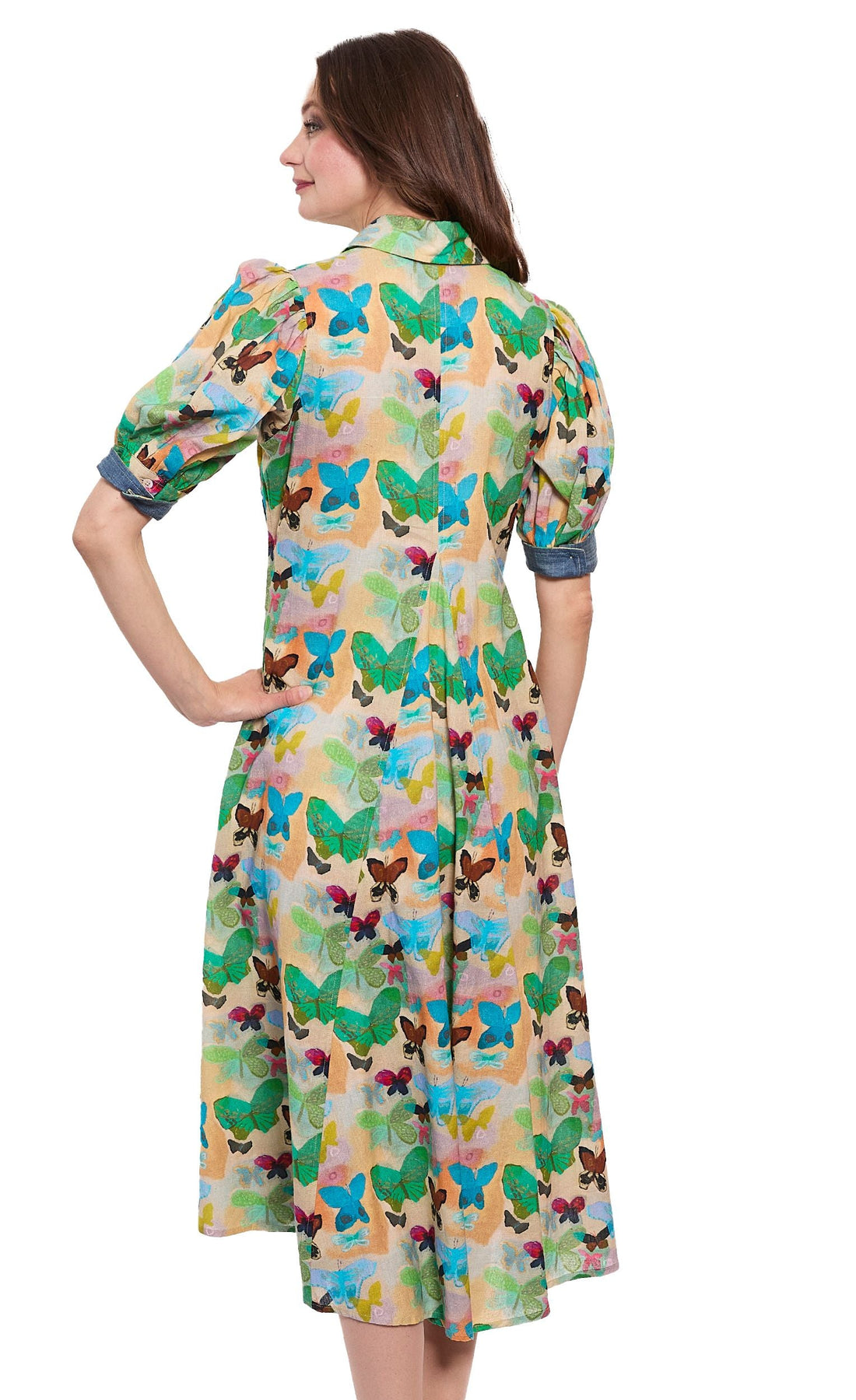 Dizzy-Lizzie Montauk Dress in linen and cotton with neutral butterfly print, lightweight and casual for warm-weather wear.