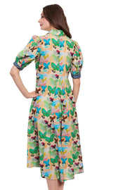 Dizzy-Lizzie Montauk Dress in linen and cotton with neutral butterfly print, lightweight and casual for warm-weather wear.